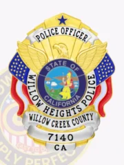 Custom metal badge in gold with silver panels and with safety pin attachment, designed for a Police Officer in Willow Heights, California. The badge features an eagle at the top and a blue star, with "POLICE OFFICER" prominently displayed above a circular emblem depicting the state of California. Surrounding the emblem are the words "WILLOW HEIGHTS POLICE" and "WILLOW CREEK COUNTY," along with the badge number "7140" at the bottom. The shiny gold finish, accented by silver panels, adds an authoritative touch, while the safety pin attachment ensures secure fastening to uniforms, making it both functional and visually striking for law enforcement personnel.