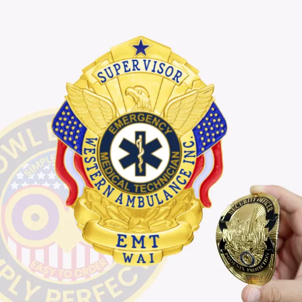 A distinctive custom flex badge in gold color with a velcro attachment designed for supervisors at Western Ambulance Inc. The badge prominently features "SUPERVISOR," along with a star of life emblem and eagle designs, showcasing dedication to providing high-quality emergency medical services.