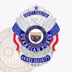 This image depicts a custom metal badge for armed security characterized by its shiny silver surface and elegant reverse enamel blue panels. The badge prominently displays "deputy director" at the top in bold letters, accompanied by eagle designs on each side. The center features the state seal of arizona, surrounded by "guardian force," while "armed security" and "007" are clearly marked below. A reliable safety pin attachment ensures secure fastening.