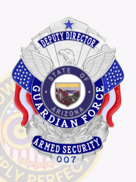 Showcased here is a custom metal badge for armed security, designed in a sleek silver tone with striking reverse enamel blue accents. The words "DEPUTY DIRECTOR" are boldly featured at the top, flanked by eagle motifs. In the middle, the Arizona state seal is highlighted, encircled by "GUARDIAN FORCE," while "ARMED SECURITY" and "007" are displayed below. A practical safety pin attachment enhances its usability.