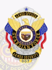 This detailed view shows a custom metal badge for armed security featuring a gleaming silver finish with stylish gold and reverse enamel black panels. At the top, the title "ARMED OFFICER" is prominently displayed in bold gold, alongside eagle designs. The center highlights the Arizona state seal within an ornate border, with "GUARDIAN FORCE" surrounding it. Below, "ARMED SECURITY" and "007" are clearly marked, complemented by a practical safety pin attachment for easy use.