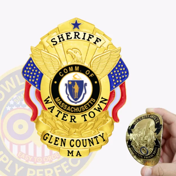 A custom flex badge in gold featuring the title "SHERIFF" prominently at the top, above the words "COMM. OF MASSACHUSETTS." The center showcases a circular emblem with the state seal, flanked by decorative blue and red elements. Below, the badge reads "WATER TOWN" and "GLEN COUNTY MA." The bright gold finish enhances its official appearance. In the foreground, a hand holds a smaller gold badge labeled "SECURITY OFFICER," highlighting the contrast between the two badges and emphasizing the badge's significance in law enforcement.