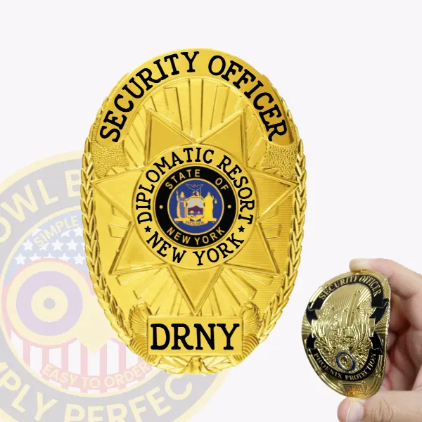 An eye-catching custom flex badge in gold color with velcro attachment, featuring the words "SECURITY OFFICER" prominently displayed. The badge incorporates a detailed state emblem from New York and is designed for easy attachment, highlighting its functionality alongside its decorative elements.