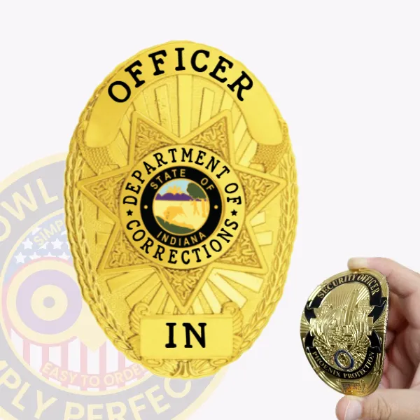 Custom flex badge in gold color with velcro attachment, designed for an officer in the Indiana Department of Corrections. The badge features a star-shaped design with "OFFICER" prominently displayed at the top and "DEPARTMENT OF CORRECTIONS" encircling the central state emblem. The badge's vibrant gold color adds authority, while the velcro attachment ensures easy application and secure wear on uniforms, making it both practical and visually striking for law enforcement personnel.
