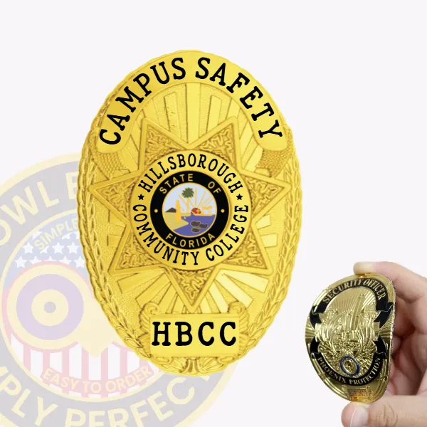 A vibrant custom flex badge in gold color with a velcro attachment, prominently displaying "CAMPUS SAFETY" at the top. The badge features a star-shaped design with the text "HILLSBOROUGH COMMUNITY COLLEGE" and the state emblem of Florida, along with "HBCC" at the bottom, symbolizing authority and security.