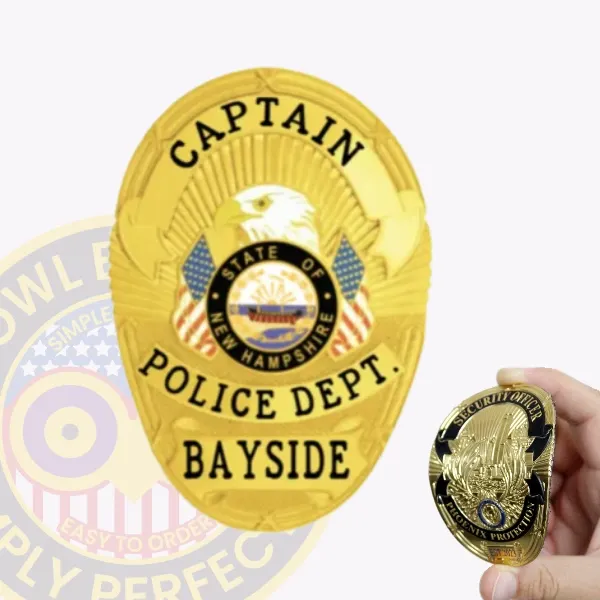 Oval gold flex badge for Bayside Police Captain displaying a detailed eagle above the New Hampshire state seal, flanked by American flags, with bold black lettering "CAPTAIN" on top, "POLICE DEPT." in the center, and "BAYSIDE" at the bottom, equipped with velcro for easy fastening.