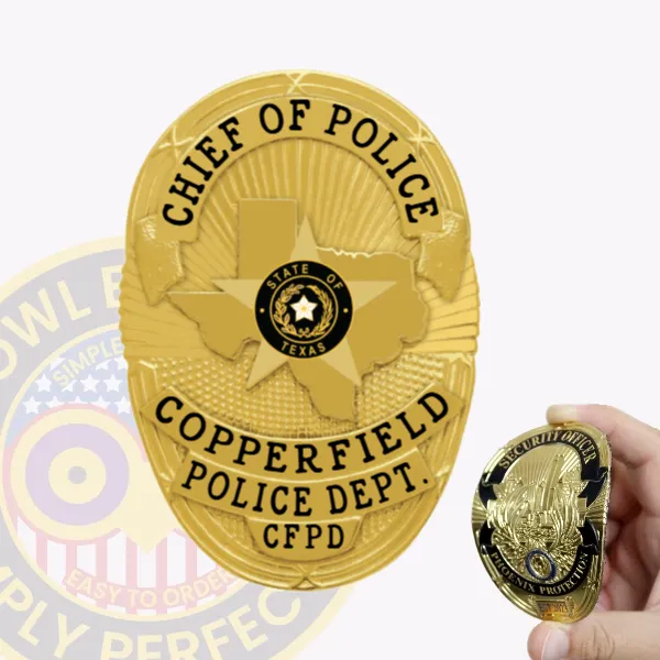 Custom gold oval flex badge featuring the shape of Texas at the center, with black text reading "CHIEF OF POLICE" on top and "COPPERFIELD POLICE DEPT. CFPD" below, designed for Copperfield police, with a velcro backing for easy attachment.