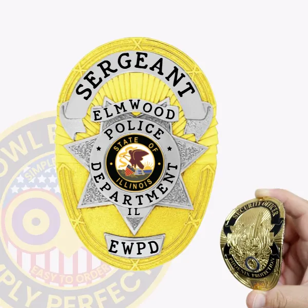 Custom gold oval flex badge for Elmwood police sergeant, featuring a large silver 7-point star at the center with the Illinois state seal, black text on white banners reading "SERGEANT," "ELMWOOD," and "EWPD," with "POLICE DEPARTMENT IL" encircling the star, all mounted on a bright gold background with a velcro attachment.