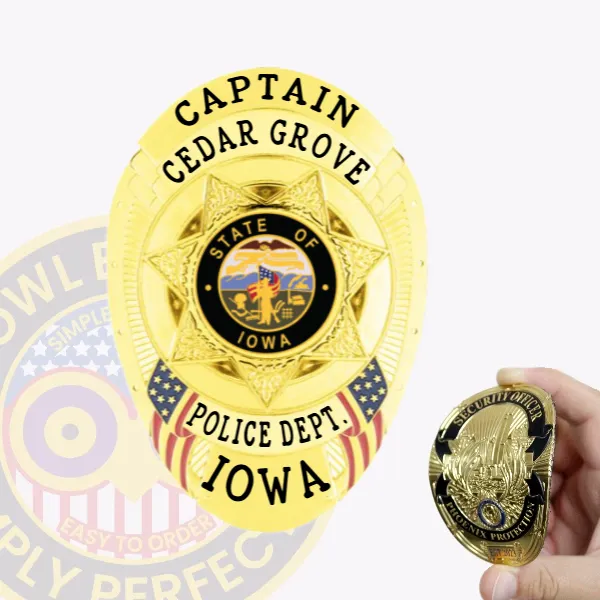 Custom gold oval flex badge with center 7-point star for Cedar Grove police the captain with velcro attachment, featuring a gold sunburst background, a detailed 7-point gold star in the center with the State of Iowa seal, black text on gold banners reading "CAPTAIN," "CEDAR GROVE," "POLICE DEPT.," and "IOWA," with American flags on each side.