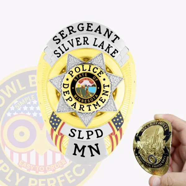 Oval gold flex badge designed for Silver Lake Police sergeant with velcro attachment, showing a prominent silver 7-point star at the center bearing the Minnesota state seal, gold base with silver scrolls displaying bold black lettering for "SERGEANT," "SILVER LAKE," "POLICE DEPARTMENT," and "SLPD MN," with American flag details.