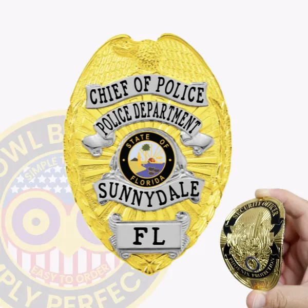 Sunnydale police chief of police custom gold flex badge showing a raised eagle at the top, silver ribbon-style text banners stating CHIEF OF POLICE and POLICE DEPARTMENT, the colorful Florida state emblem in the middle, SUNNYDALE printed prominently below, and FL on a silver plaque at the bottom, designed with velcro backing.