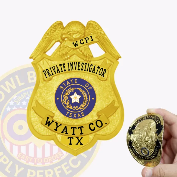 A detailed image of a custom flex badge in gold color with a velcro attachment, highlighting "WCPI PRIVATE INVESTIGATOR" and "WYATT CO. TX." Its refined design includes decorative elements that reflect its importance for law enforcement professionals.
