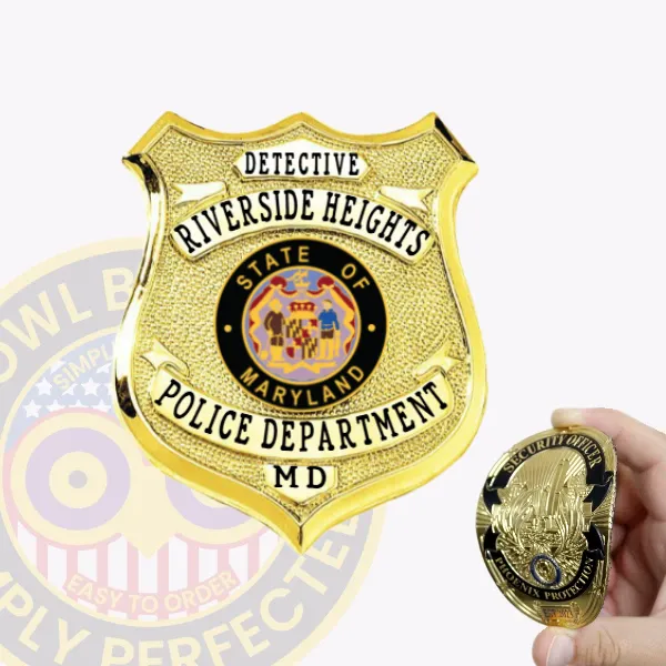 Custom gold shield flex badge for Riverside Heights police the detective with velcro attachment, featuring a textured gold shield with DETECTIVE in black letters on a small banner at the top, RIVERSIDE HEIGHTS curved below, the colorful State of Maryland seal in the center, POLICE DEPARTMENT on a banner underneath, and MD printed near the base.