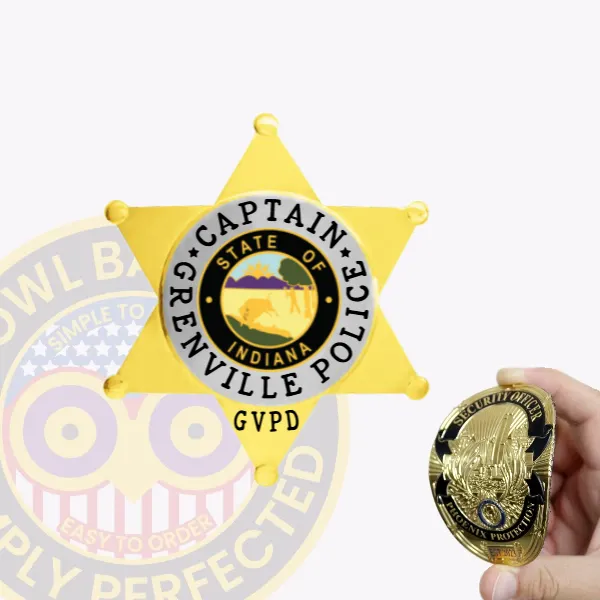 Custom gold 6 point star flex badge for Grenville Police Captain with velcro attachment, featuring smooth polished points with small balls on each tip, a central circular emblem showing the Indiana state seal, and bold black text encircling it that reads "CAPTAIN GRENVILLE POLICE" with "GVPD" below.