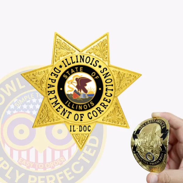 Custom flex badge in gold with velcro attachment, designed in a star shape. The badge prominently features the words "Department of Corrections" around a central circular emblem that displays the state seal of Illinois. The seal includes a depiction of an eagle and the flag, symbolizing state pride. Below the emblem, "IL-DOC" indicates the Illinois Department of Corrections. In the foreground, a hand holds a matching security badge, illustrating the flexibility and utility of these custom badges for officers. This design emphasizes professionalism and authority in law enforcement.