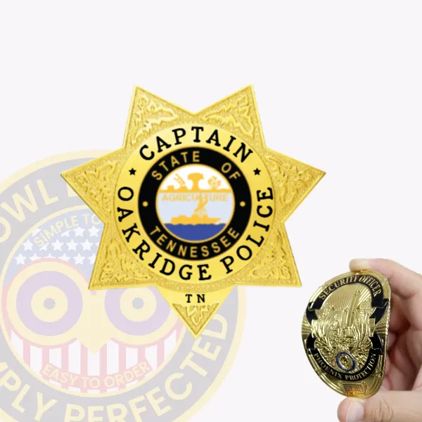 Gold custom 7 point star flex badge designed for Oakridge police captain, showing detailed engraving on the star points, black lettering including "CAPTAIN," "OAKRIDGE POLICE," and state abbreviation "TN," encircling the Tennessee state emblem in the middle, secured with velcro.