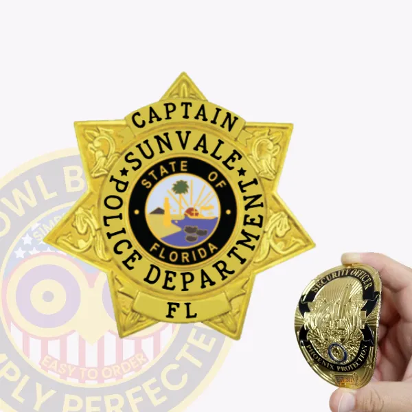 Custom gold 7 point star flex badge for Sunvale Police the Captain with intricate floral engravings on each point, featuring a central black circle with the State of Florida seal, and bold black text reading "Captain Sunvale Police Department FL," designed with a velcro attachment.