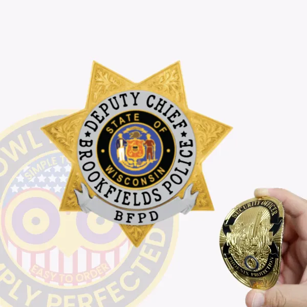 Gold flex badge shaped as a 7 point star for Brookfields Police Deputy Chief, with intricate leaf designs on the star points, a central circle displaying the State of Wisconsin emblem, surrounded by "DEPUTY CHIEF BROOKFIELDS POLICE" in black letters and secured by a velcro backing.