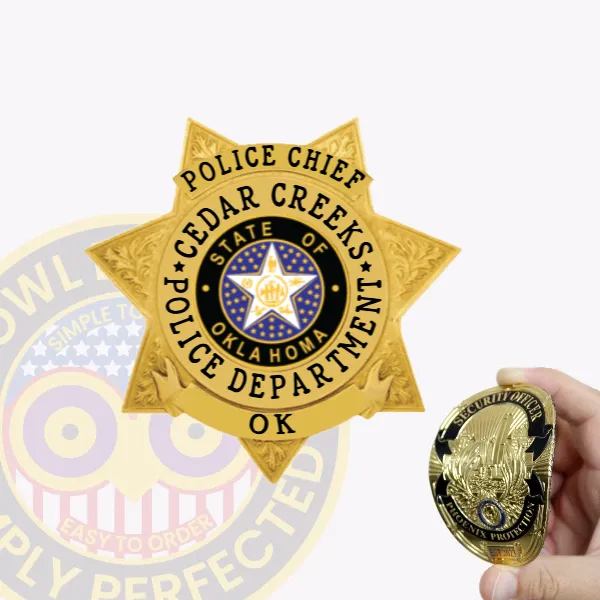 Detailed gold 7 point star flex badge for Cedar Creeks Police Chief with a velcro backing, showcasing floral patterns on each star edge, a central circular medallion featuring the Oklahoma state seal with a white star, black text encircling it that reads "POLICE CHIEF CEDAR CREEKS POLICE DEPARTMENT," and "OK" on a bottom banner.