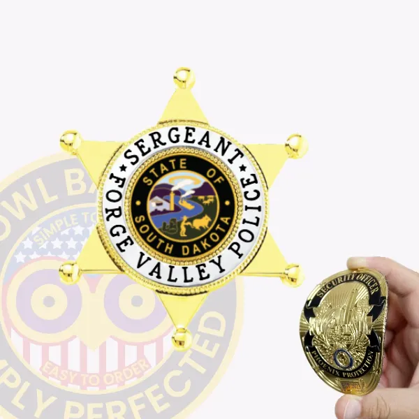 Custom gold 6 point star flex badge for Forge Valley Police Sergeant, featuring a polished gold finish with black and white text encircling the South Dakota state seal in the center, designed with a Velcro attachment for easy wear.