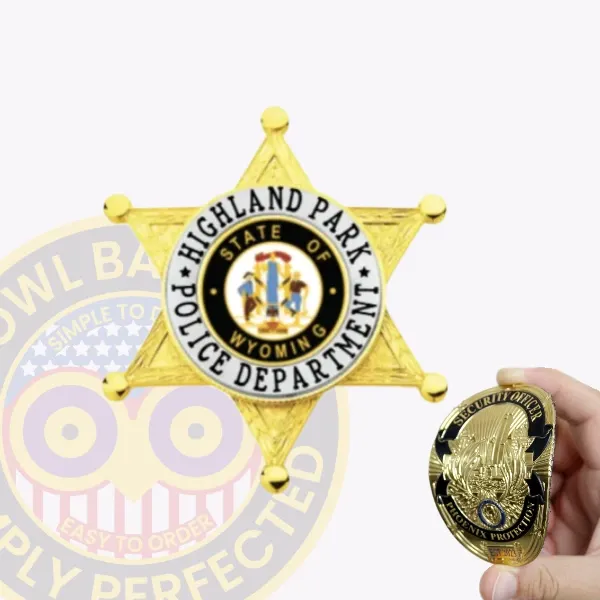 Custom 6 point star flex badge for Highland Park police featuring gold-tone finish, with "HIGHLAND PARK POLICE DEPARTMENT" and "STATE OF WYOMING" text encircling a detailed state seal, designed with velcro attachment for easy wear.