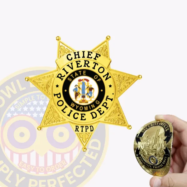 Riverton police chief custom gold 7 point star flex badge, showing detailed leaf engravings on each star tip, a central circular Wyoming state seal bordered by black text reading “Chief Riverton Police Dept,” and “RTPD” at the bottom, attached with velcro for easy use.