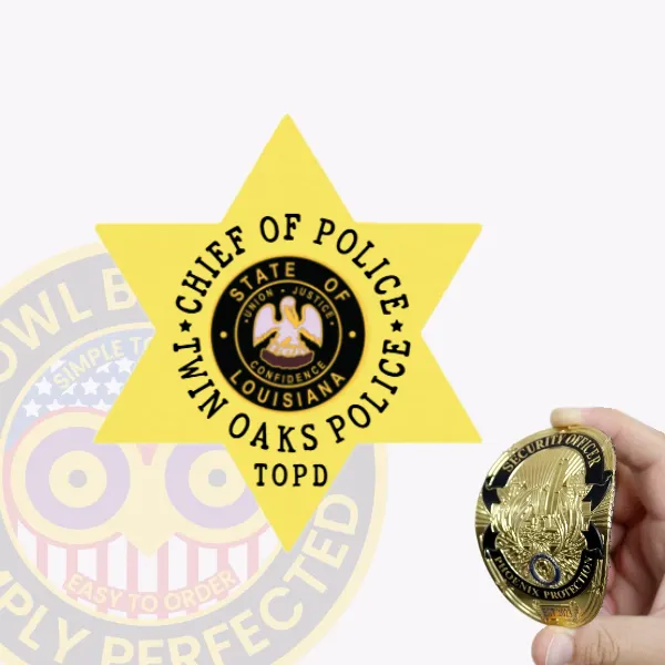 Gold six-point star flex badge made for Twin Oaks Police Chief of Police, displaying the Louisiana state emblem in the center, surrounded by black lettering on gold stating “Chief of Police” and “Twin Oaks Police TOPD,” with a Velcro backing for easy attachment.