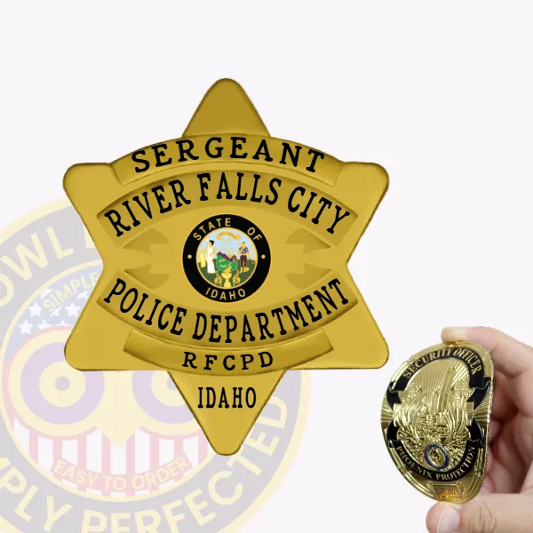 Custom 6 point star flex badge for River Falls City police Sergeant featuring a gold-tone design with black embossed text reading “SERGEANT,” “RIVER FALLS CITY,” “POLICE DEPARTMENT,” “RFCPD,” and “IDAHO,” with the Idaho state seal in the center and a velcro attachment for easy wear.