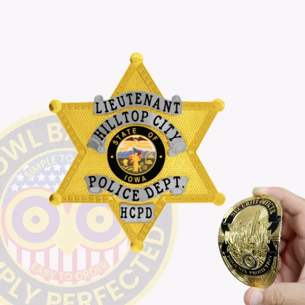 Gold six-point star badge custom-made for Hilltop City police lieutenant, showcasing silver embossed text on three curved banners, a colorful Iowa state emblem in the center, and a velcro backing for flexible attachment.