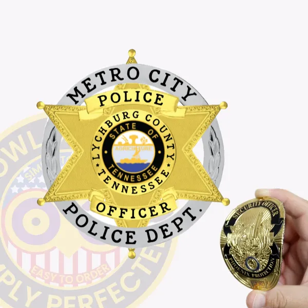 Custom gold 6 point star flex badge for Metro City police, set inside a silver circular banner with black text reading "METRO CITY POLICE DEPT." around the star, featuring a central emblem with "LYCHBURG COUNTY TENNESSEE" and "STATE OF TENNESSEE," designed with a velcro attachment.