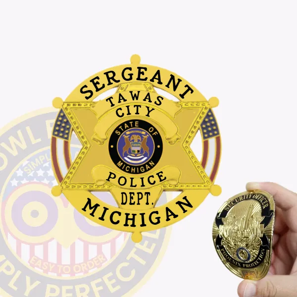 Custom gold 6 point star flex badge for Tawas City Police Sergeant, featuring a circular banner with "Sergeant" on top and "Michigan" at the bottom, with the state seal of Michigan in the center, attached with Velcro.