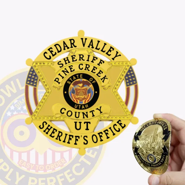 A custom flex badge in a vibrant gold color featuring a star shape, representing the Cedar Valley Sheriff's Office. The badge is inscribed with "CEDAR VALLEY," "SHERIFF," and "PINE CREEK," along with "COUNTY UT" encircling the central seal of Utah. It has a velcro attachment on the back, allowing for easy and secure attachment to uniforms or gear, showcasing its practicality for law enforcement professionals. A hand holds a smaller security badge in the foreground, emphasizing the badge's design and functionality.