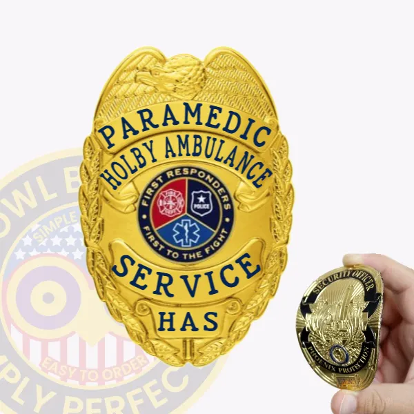An intricately designed custom flex badge in gold color, highlighting the "SERVICE HAS" text and various emergency service symbols, featuring a velcro attachment for convenient use.