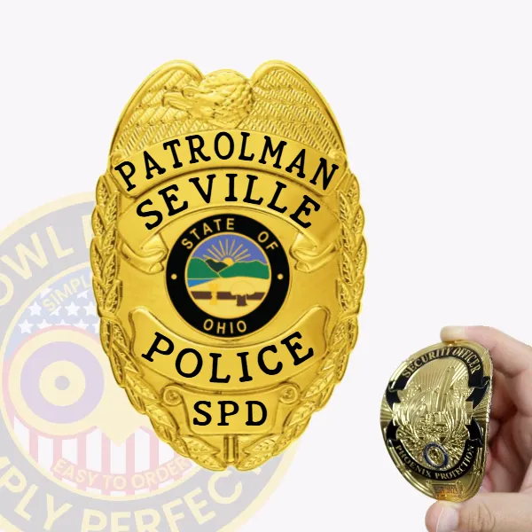 A striking custom flex badge in gold, shaped like a shield with intricate detailing. The badge prominently displays "PATROLMAN SEVILLE" at the top and "POLICE SPD" at the bottom in bold black letters. In the center, the badge features the state seal of Ohio, depicting a rising sun above a landscape. To the right, a hand holds a smaller gold badge labeled "SECURITY OFFICER," showcasing its compact design. The shiny finish of the custom flex badge in gold highlights its authority and professionalism, making it a perfect representation of law enforcement identity.