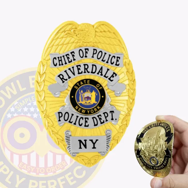 Detailed custom gold flex badge for the Riverdale Police Chief of Police, showcasing a large golden eagle at the top, silver banner text in black reading "CHIEF OF POLICE," "RIVERDALE," and "POLICE DEPT.," with a blue and gold New York State emblem in the center and a velcro backing.