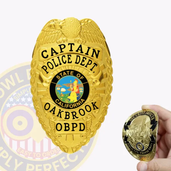 Gold flex badge designed for Oakbrook Police Captain, showing an eagle emblem at the top, clear black text stating “CAPTAIN POLICE DEPT. OAKBROOK OBPD,” with a colorful California state seal in the center, attached by Velcro.