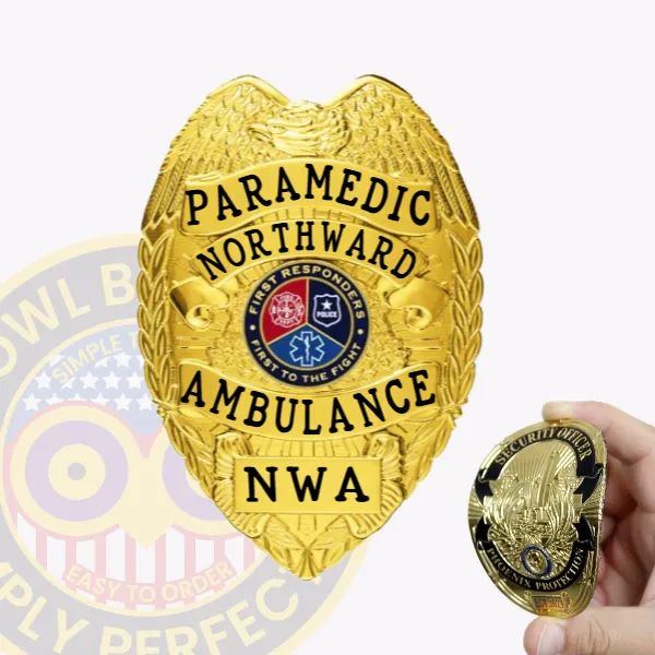 This eye-catching custom flex badge in gold color features the "FIRST RESPONDERS" emblem and the designation "NWA," designed for paramedics, complete with a velcro attachment for easy and reliable fastening.