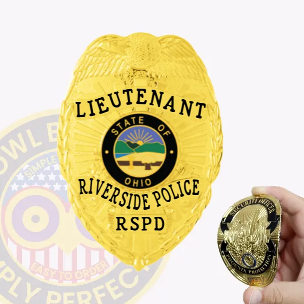 Gold flex badge for Riverside Police Lieutenant displaying an eagle motif atop the shield, black text reading "LIEUTENANT," "RIVERSIDE POLICE," and "RSPD" surrounding the Ohio state insignia, completed with a velcro attachment for easy wear.