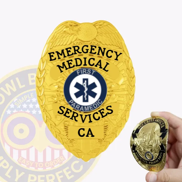 A vibrant custom flex badge in gold color with a velcro attachment, prominently displaying "EMERGENCY MEDICAL SERVICES" at the top. The badge features a central emblem with the star of life and the text "FIRST PARAMEDIC," along with "CA" at the bottom, symbolizing authority in emergency medical response.