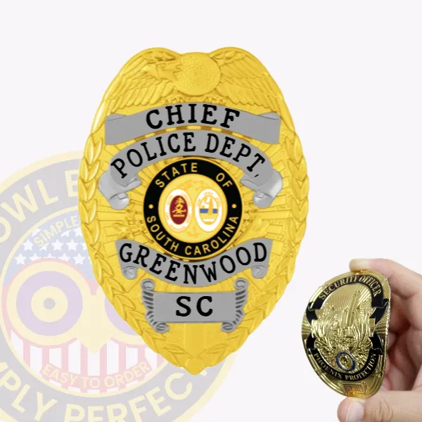 Custom gold flex badge for Greenwood Police Chief featuring an eagle at the top of a sunburst-style shield, silver plates embossed with black text stating the rank and department, framing the colorful South Carolina state seal in the middle, finished with a velcro backing.
