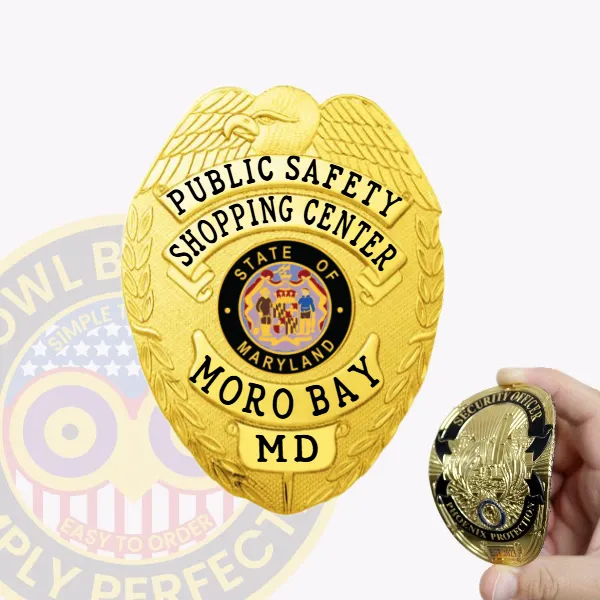 A striking custom flex badge in gold color with a velcro attachment highlights the titles "PUBLIC SAFETY" and "SHOPPING CENTER." The design includes a colorful depiction of the Maryland state seal at the center, framed by elegant gold detailing.
