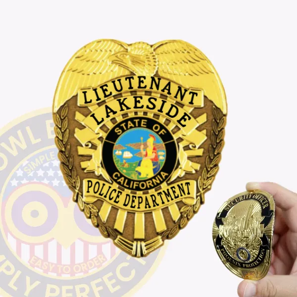 Lakeside Police Lieutenant custom gold flex badge showcasing an eagle perched atop a radiant gold shield, yellow scrolls with black text highlighting the rank and department, centered around the multicolor California state seal, designed with a velcro fastener.