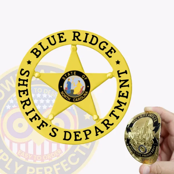 A custom flex badge in gold color with velcro attachment, designed in the shape of a star. The badge features "BLUE RIDGE" and "SHERIFF'S DEPARTMENT" in bold black lettering around the outer edge. In the center, it displays the state emblem of North Carolina, creating a vibrant and professional appearance suitable for law enforcement officers. A hand is shown holding a smaller gold badge, emphasizing the badge's size and design.Alt Tag: A custom flex badge in gold color with velcro attachment, designed in the shape of a star. The badge features "BLUE RIDGE" and "SHERIFF'S DEPARTMENT" in bold black lettering around the outer edge. In the center, it displays the state emblem of North Carolina, creating a vibrant and professional appearance suitable for law enforcement officers. A hand is shown holding a smaller gold badge, emphasizing the badge's size and design.