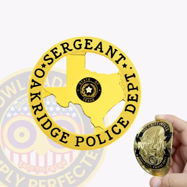 Custom gold Texas state flex badge for Oakridge Police Sergeant, featuring a gold outline of Texas with the Texas state seal in the center, encircled by a gold ring banner with bold black text reading “Sergeant” and “Oakridge Police Dept,” designed with a Velcro attachment.