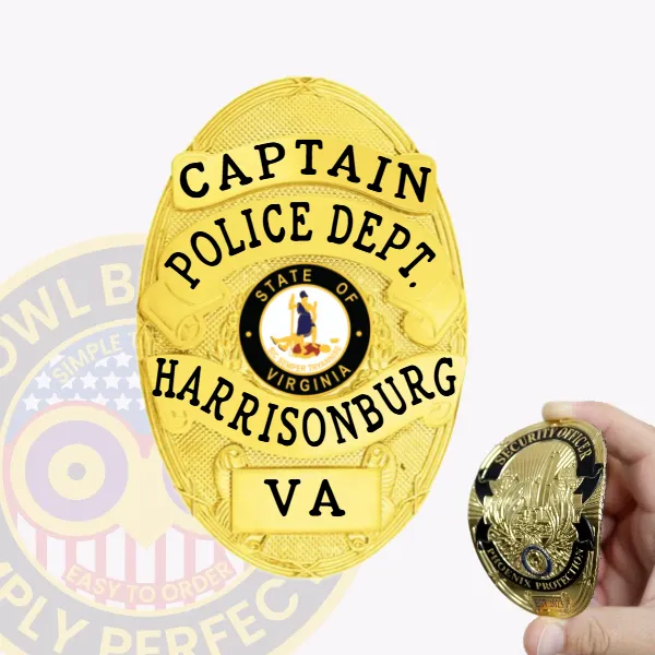 Oval-shaped gold flex badge for Harrisonburg Police Captain showing a raised Virginia state seal in the middle, framed by gold banners with black lettering "CAPTAIN," "POLICE DEPT.," "HARRISONBURG," and "VA," held by velcro.