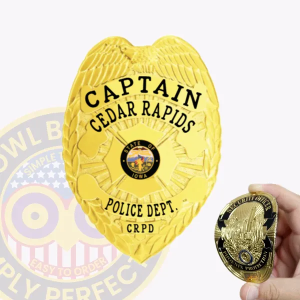 Custom gold eagle top flex badge for Cedar Rapids police captain showing detailed embossed eagle wings at the top, black text reading CAPTAIN CEDAR RAPIDS POLICE DEPT. CRPD, with the colorful State of Iowa seal in the center, designed with flexible material and velcro attachment.