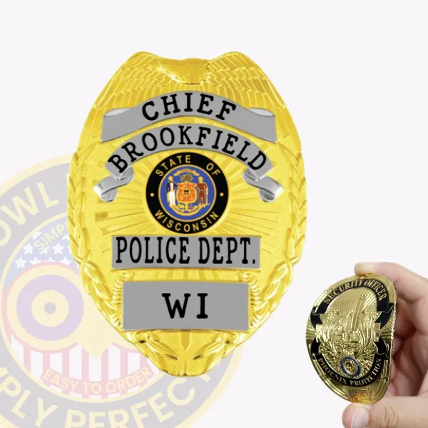 Gold flex badge for Brookfield Police Chief displaying an eagle motif atop the shield, three silver ribbons with bold black text reading "CHIEF," "BROOKFIELD," and "POLICE DEPT. WI," surrounding the Wisconsin state insignia, completed with a velcro attachment for easy wear.