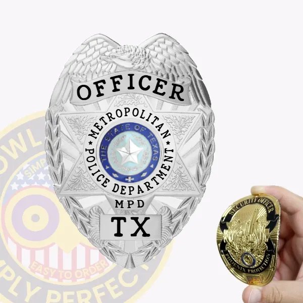 A polished custom flex badge silver, shaped like a shield with intricate detailing. The badge features "OFFICER" prominently at the top in bold black letters, followed by "METROPOLITAN POLICE DEPARTMENT" in an arch. In the center, the state seal of Texas is displayed within a circular design, featuring a star and surrounded by decorative elements. Below the seal, "TX" is clearly visible, along with the abbreviation "MPD." To the right, a hand holds a smaller badge labeled "SECURITY OFFICER." The shiny silver finish of this custom flex badge silver enhances its professional appearance, symbolizing pride and authority in law enforcement.