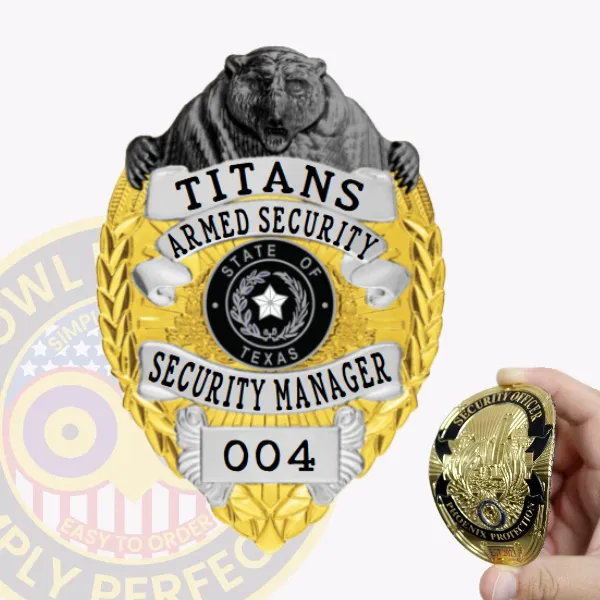 Showcasing a custom flex badge for armed security, this design combines a gleaming gold base with elegant silver panels on either side. The badge is topped with a bear motif and features "Titans Armed Security" prominently displayed. In the center, the Texas state seal is surrounded by "Security Manager," with the number "004" below. It includes a convenient velcro attachment for effortless fastening.