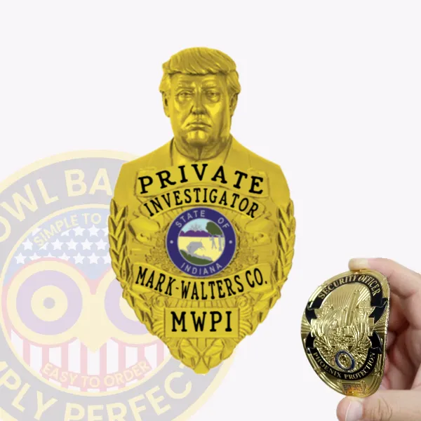 An elegant custom flex badge in gold color with a velcro attachment, featuring the text "PRIVATE INVESTIGATOR." The badge is adorned with a detailed figure and the Indiana state seal, symbolizing expertise and commitment to investigative work.
